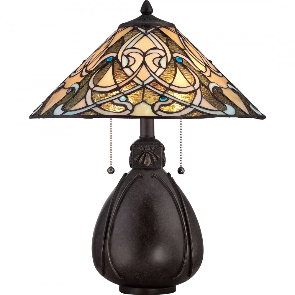 Bronze Table Lamp With Tiffany Stained Glass Shade