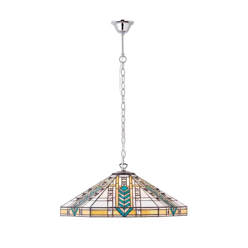 Art Deco Aluminium Ceiling Pendant With Tiffany Shade - Large