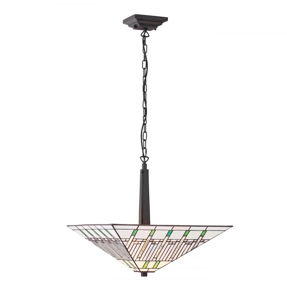 Art Deco Uplighter Tiffany Ceiling Pendant On Bronze Suspension - Large