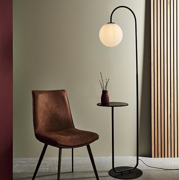 Poise black floor lamp with table and opal glass.