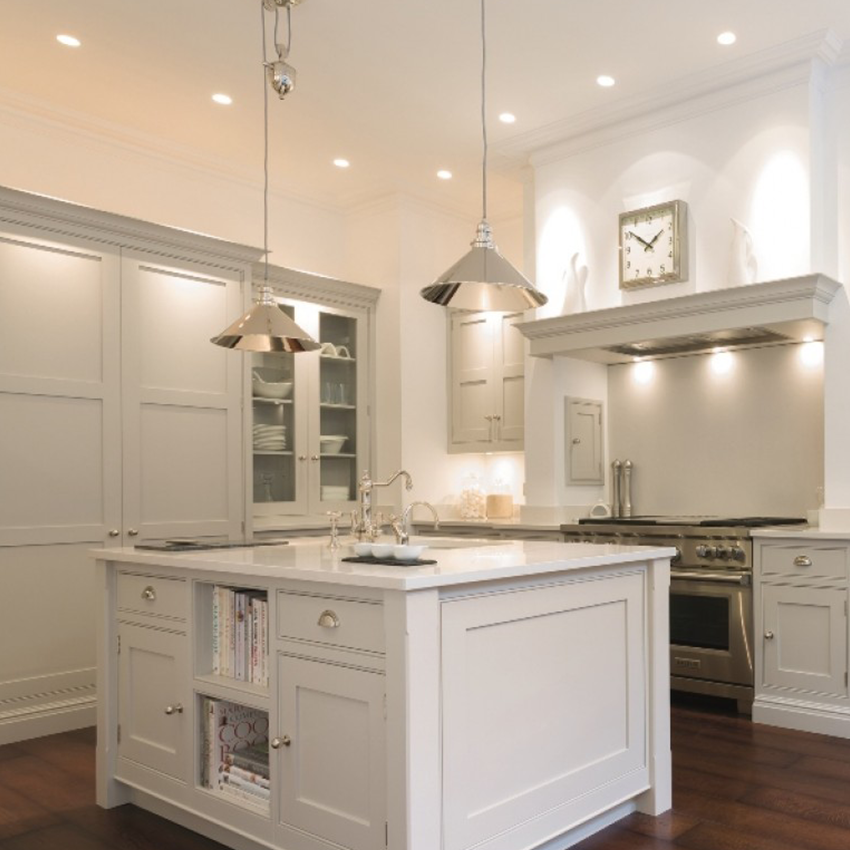 silver ceiling pendants over kitchen island