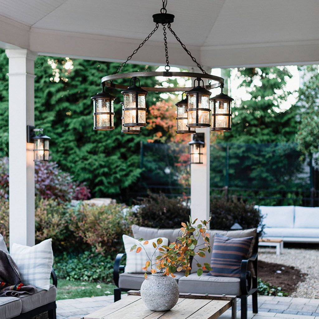 6 traditional style lantern hanging chandelier in aged zinc and seeded glass