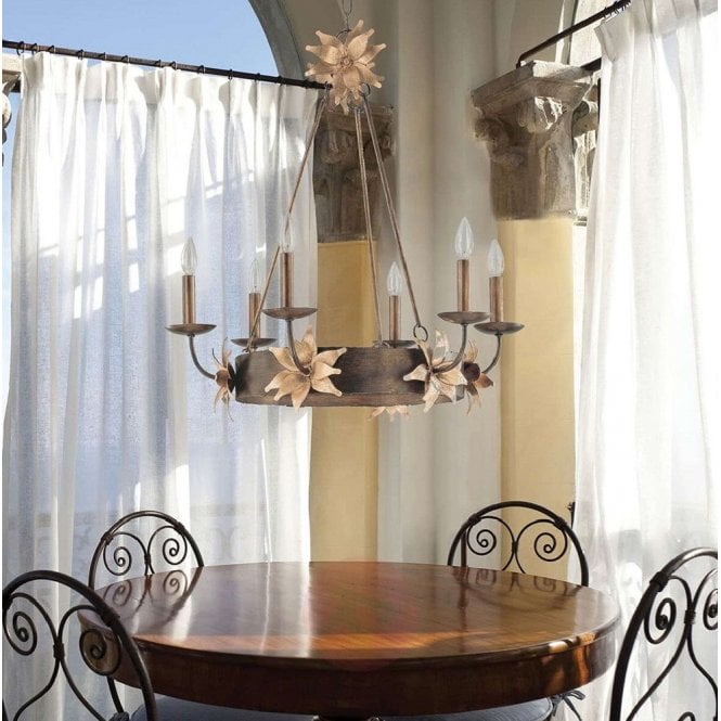 floral chandelier over a dining room table