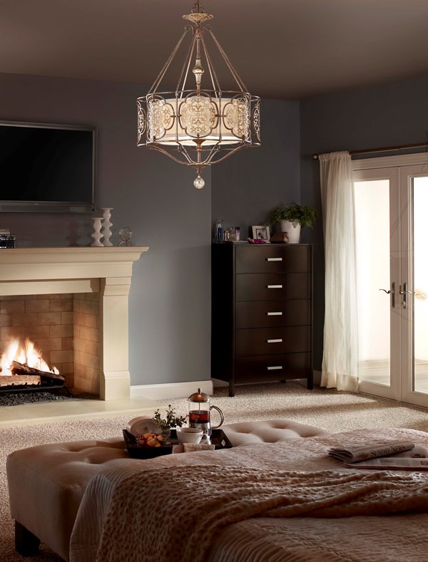 Edwardian style ceiling drum pendant over bed