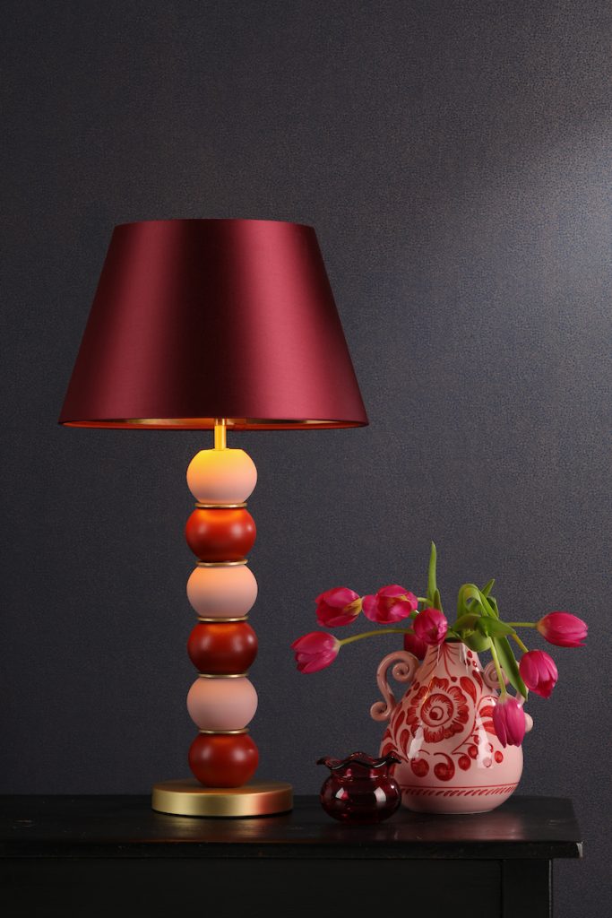pink and red bobble table lamp with crimson satin shade