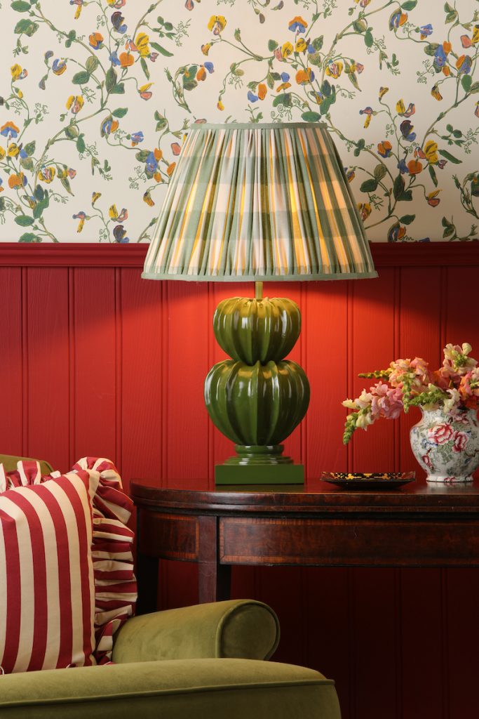 green ribbed table lamp with green check pleated shade