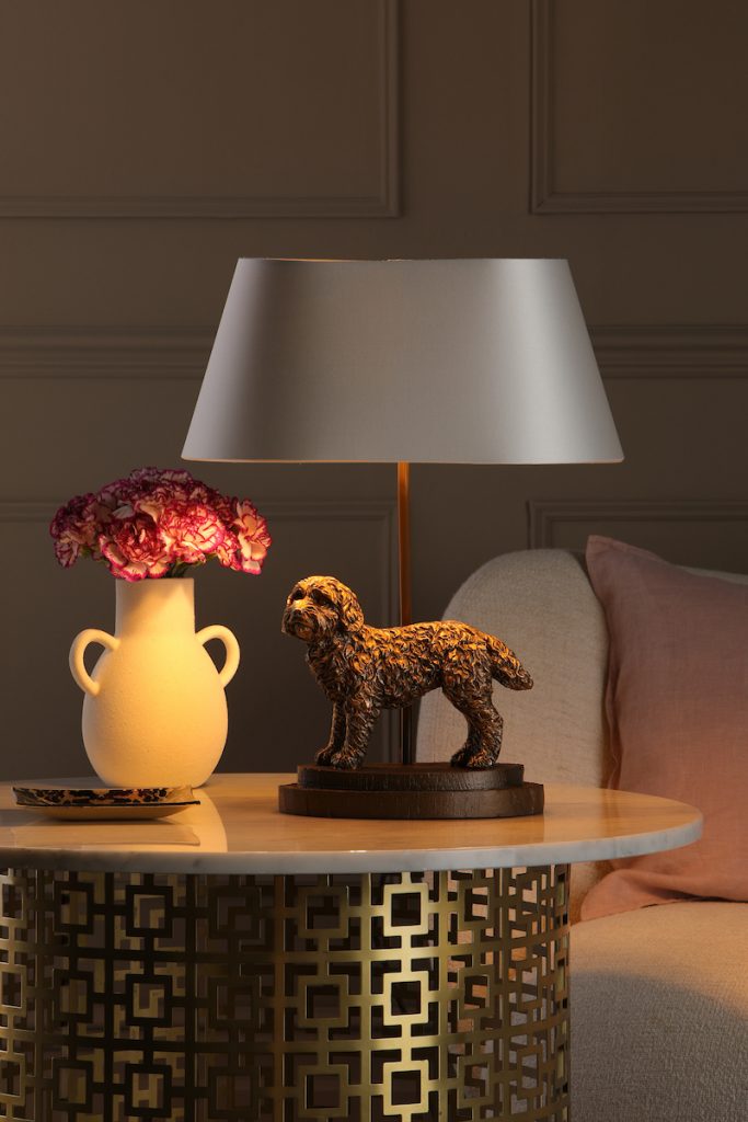 dog table lamp with grey stain shade