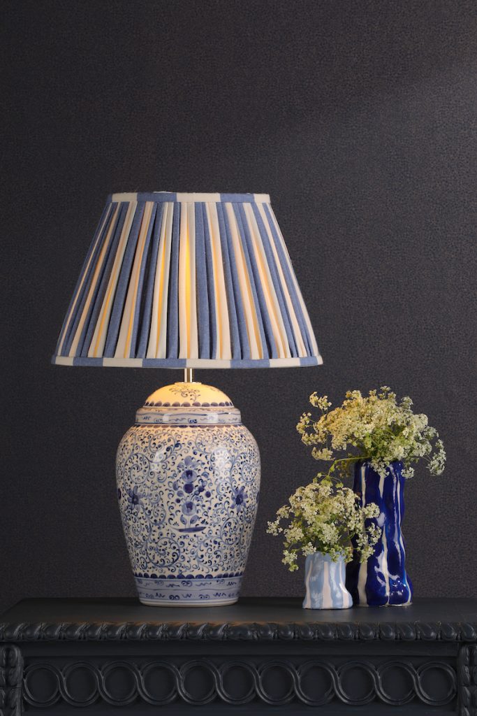 blue and white floral ceramic table lamp with blue stripe shade