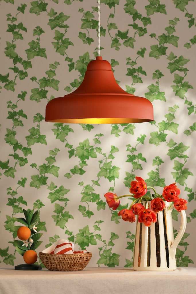 metal orange ceiling pendant with gold inner