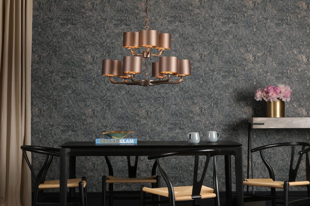 hand hammered bronze chandelier with satin shades