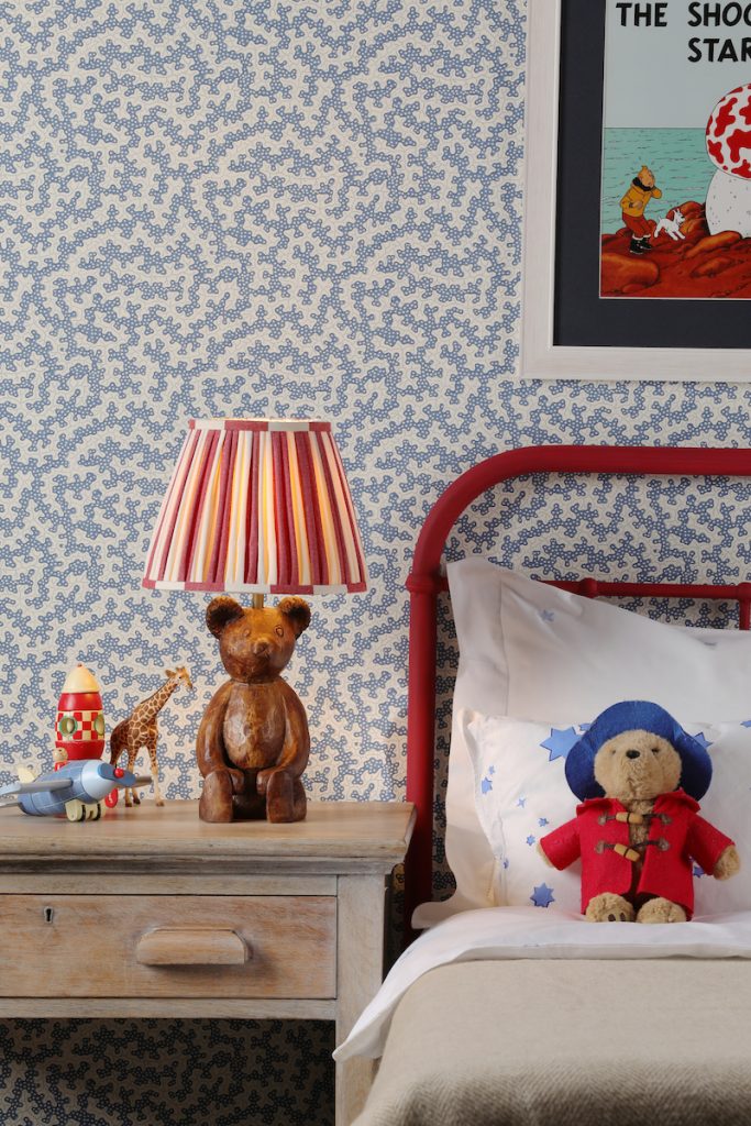 small teddy bear table lamp with customisable red stripe pleated shade