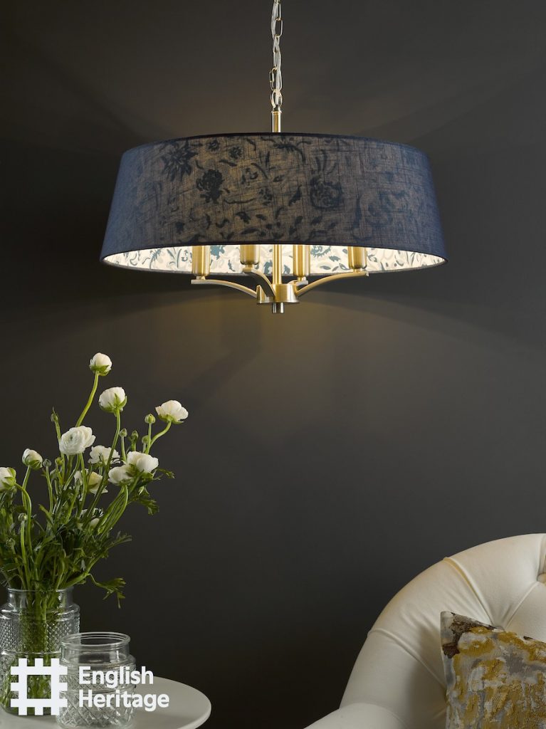 navy blue four armed shadelier with blue patterned lining