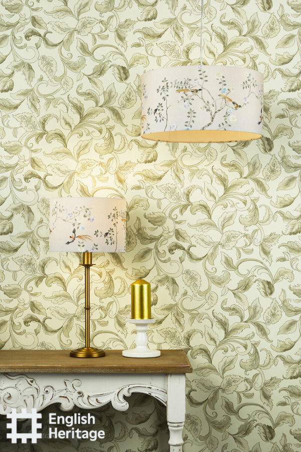 chinoiserie patterned ceiling and lamp shades