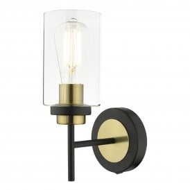 Wall Light Satin Black & Gold with Glass Shade, Switched