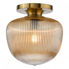 brushed bronze flush ceiling light with ribbed amber glass shade