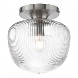 polished nickel flush ceiling light with ribbed glass shade