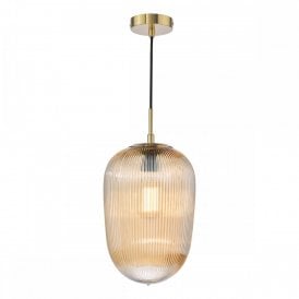 brushed bronze ceiling pendant with amber ribbed glass shade