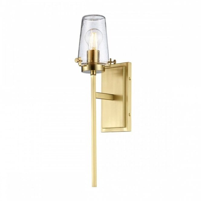 ALTON IP44 torchiere style wall light in brushed brass with seeded glass