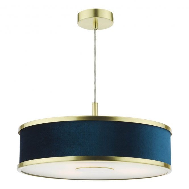 ALVARO 3 Light Pendant In Brushed Brass With Blue Shade