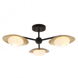AMARYLLIS Gold And Bronze Dish Semi-Flush With Opal Pebble Shaped Glass