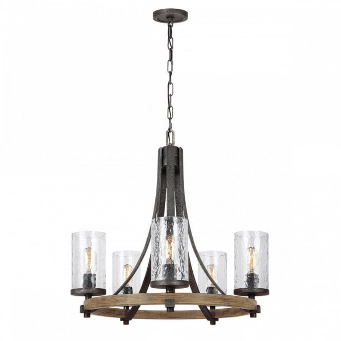 ANGELO 5 Light Chandelier | Distressed Weathered Oak | Slate Grey Metal