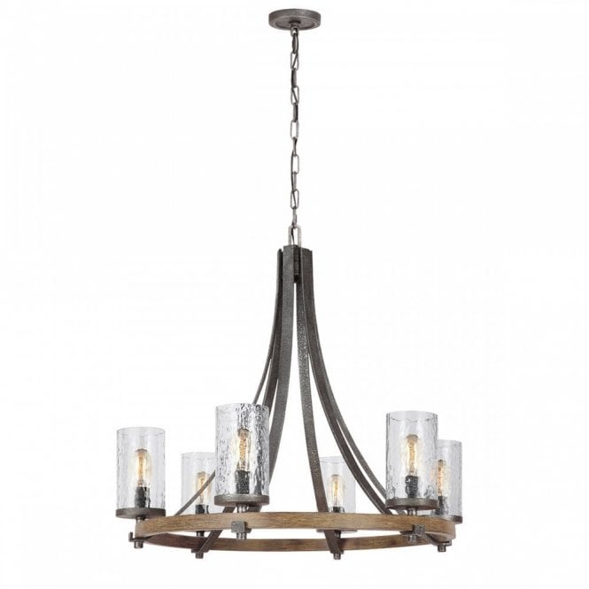 ANGELO 6 Light Chandelier | Distressed Weathered Oak | Slate Grey Metal