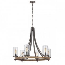 ANGELO 6 Light Chandelier | Distressed Weathered Oak | Slate Grey Metal