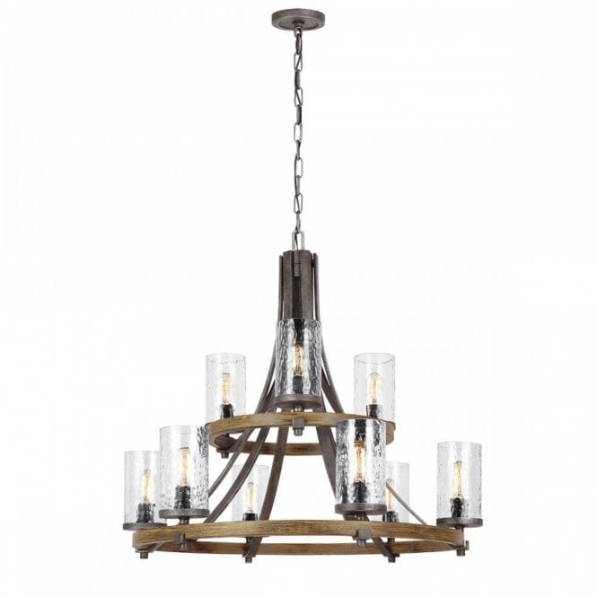 ANGELO 9 Light Chandelier | Distressed Weathered Oak | Slate Grey Metal