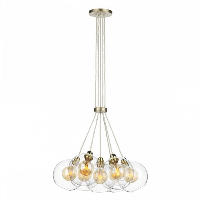 APOLLO 7 light cluster of clear glass ceiling pendants on butter brass fitting
