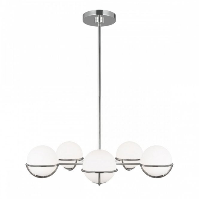 APOLLO modern chandelier in polished nickel with opal glass globe shades