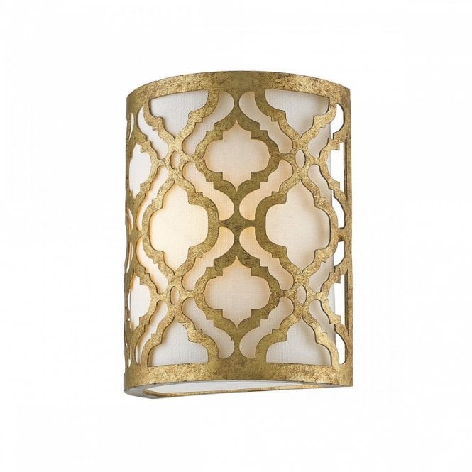 ARABELLA curved wall panel light in distressed gold filigree with cream linen shade