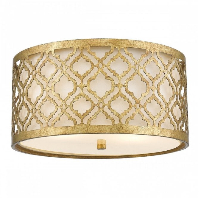 ARABELLA flush fit low ceiling light in distressed gold filigree with cream linen shade