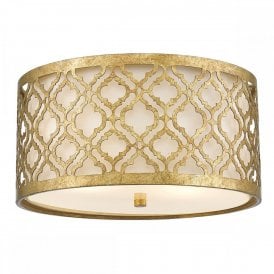 ARABELLA flush fit low ceiling light in distressed gold filigree with cream linen shade