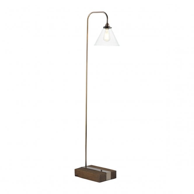 Aspen Floor Lamp in Wood Effect with Antique Brass Metalwork