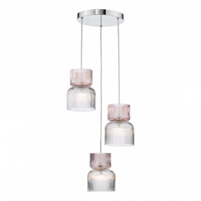 Auberta 3 Light Cluster Pendant in Polished Chrome with Pink Ribbed Glass