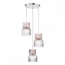 polished chrome 3 light cluster pendant with pink ribbed class shades