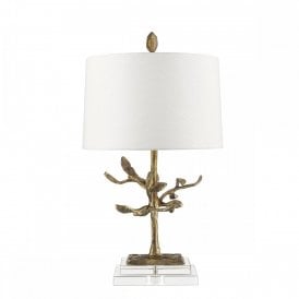 AUDUBON PARK distressed gold tree like table lamp with cream linen shade