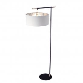 Contemporary Black Floor Lamp with White Drum Shade Lined in Silver