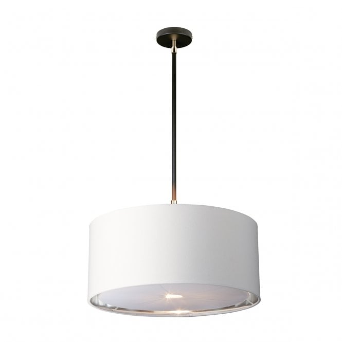 BALANCE modern black ceiling pendant light with nickel detailing and white drum shade