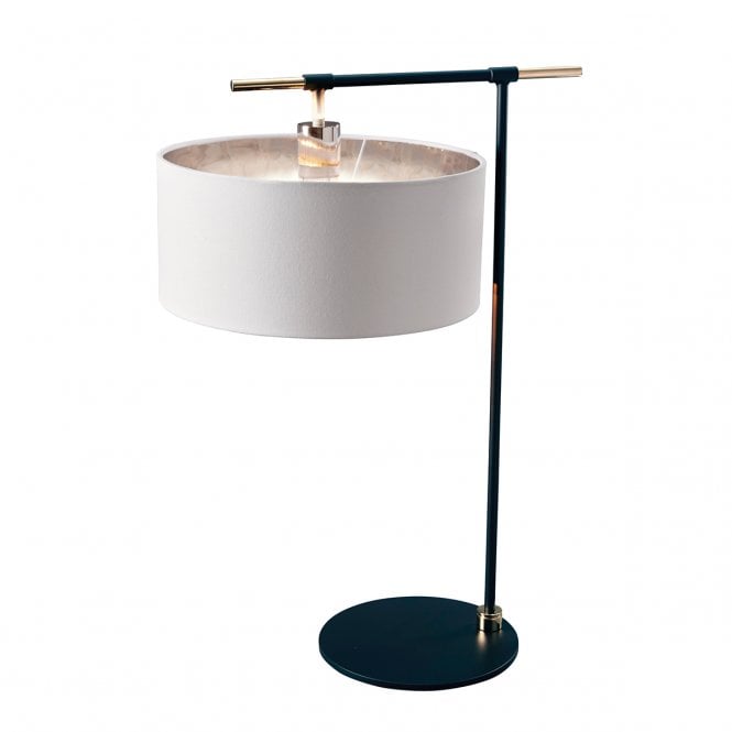 BALANCE modern black table lamp with nickel detailing and white drum shade
