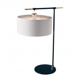 modern black table lamp with nickel detailing and white drum shade