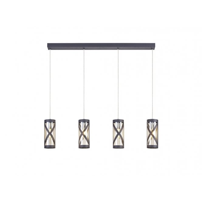 BANDEAU 4 light ceiling bar pendant in matt grey with cognac tinted glass shades