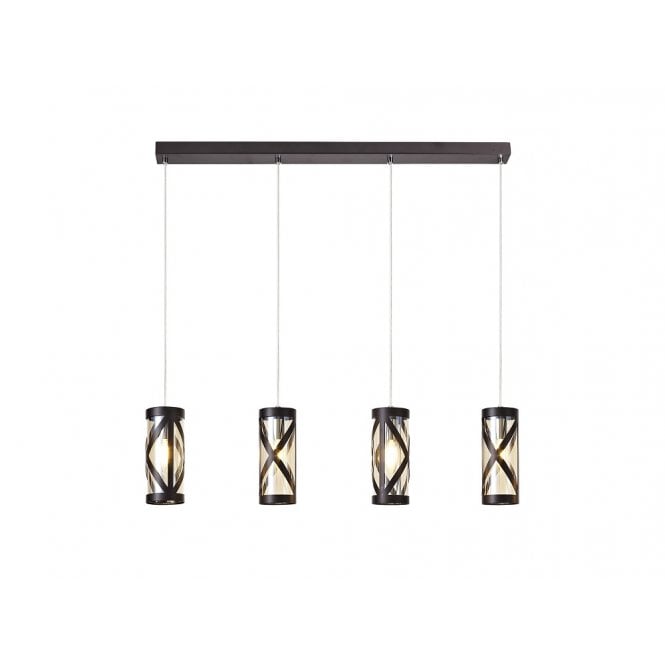 BANDEAU 4 light ceiling bar pendant in oiled bronze with smber tinted glass shades