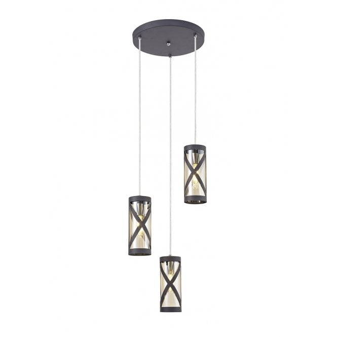 BANDEAU circular 3 light cluster pendant in matt grey with cognac tinted glass shades