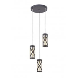 BANDEAU circular 3 light cluster pendant in matt grey with cognac tinted glass shades