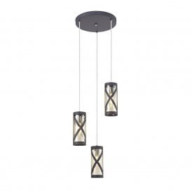 BANDEAU circular 3 light cluster pendant in matt grey with cognac tinted glass shades