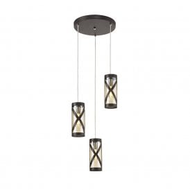 BANDEAU circular 3 light cluster pendant in oiled bronze with amber tinted glass shades