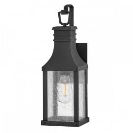 black hanging wall lantern with seeded glass