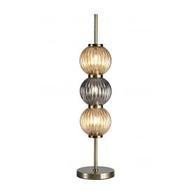 BEADED 3 light antique brass table lamp with amber and smoked ribbed glass globe shades