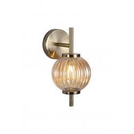 BEADED amber ribbed glass globe wall light on antique brass fitting